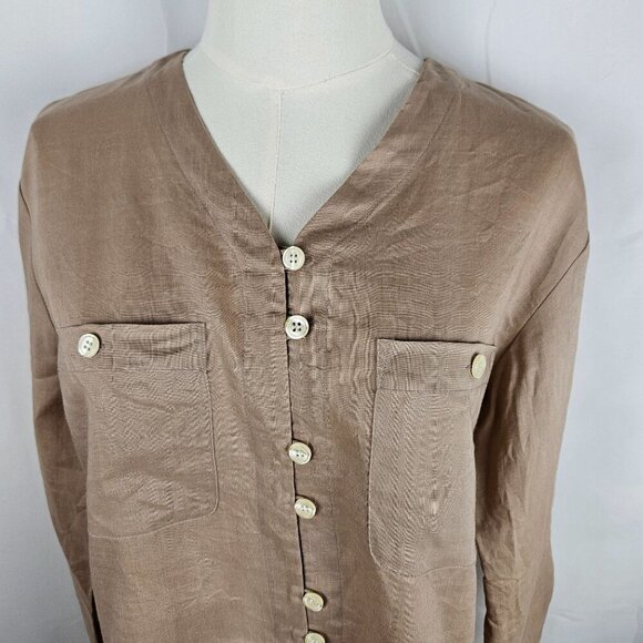 TOTOnKO Vintage Tunic Top Petite Linen Button Oversized Tan V-Neck Long Sleeve - Picture 2 of 8